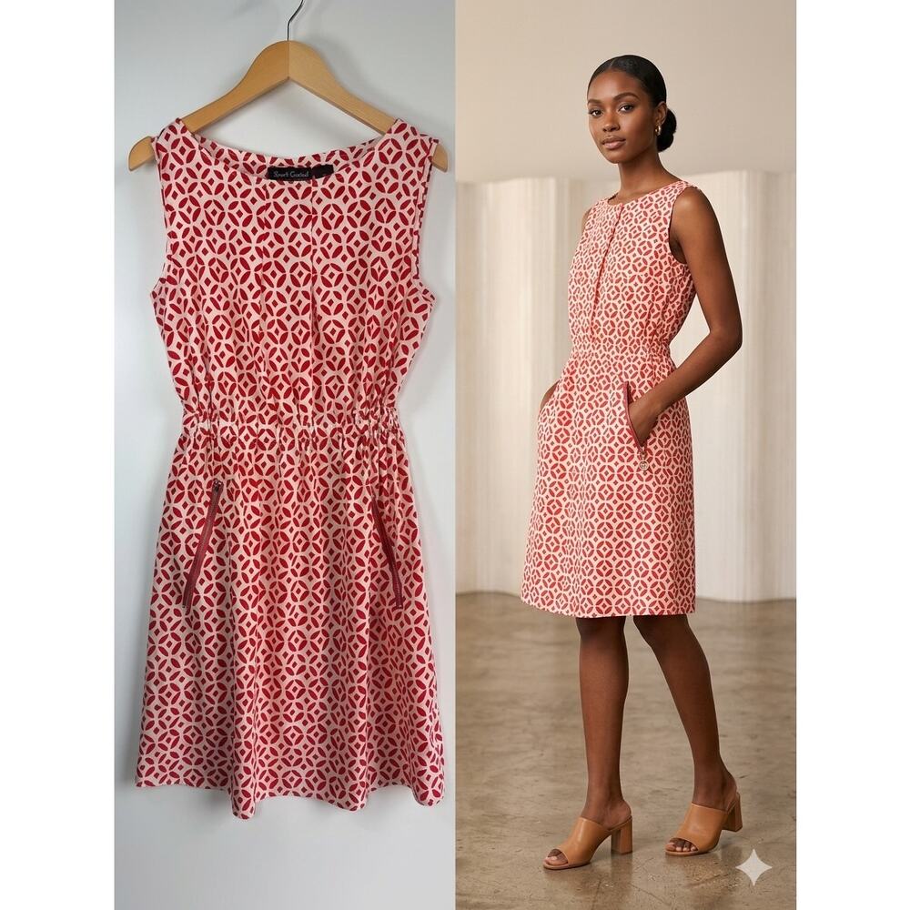 Speed Control NY Red White Geometric Midi Classic preppy Mod Dress Pockets Small
